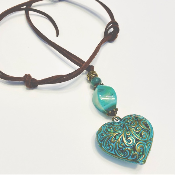 JK Designs Jewelry - Teal Turquoise Patina Filigree Brass Heart Necklace w/ Onyx & Chrysocolla Stone